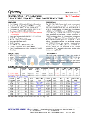 SPS-9340B-CXX0G datasheet - 3.3V / CWDM / 2.5 Gbps SFP LC SINGLE-MODE TRANSCEIVER