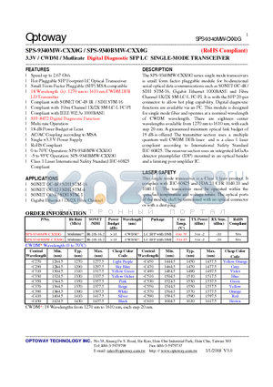 SPS-9340BMW-CXX0G datasheet - 3.3V / CWDM/ Mutlirate Digital Diagnostic SFP LC SINGLE-MODE TRANSCEIVER