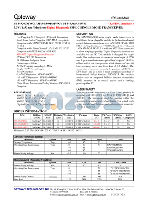 SPS-9340BMWG datasheet - 3.3V / 1550 nm /Multirate Digital Diagnostic SFP LC SINGLE-MODE TRANSCEIVER