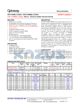 SPS-9340BR-CXX0G datasheet - 3.3V / CWDM/ 3.2Gb/s SFP LC SINGLE-MODE TRANSCEIVER