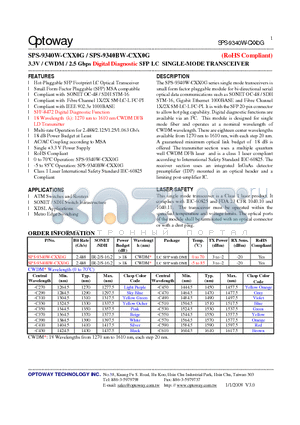 SPS-9340BW-CXX0G datasheet - 3.3V / CWDM/ 2.5 Gbps Digital Diagnostic SFP LC SINGLE-MODE TRANSCEIVER