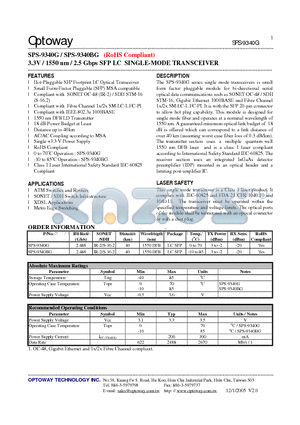 SPS-9340G datasheet - 3.3V / 1550 nm / 2.5 Gbps SFP LC SINGLE-MODE TRANSCEIVER