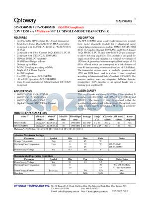 SPS-9340MG datasheet - 3.3V / 1550 nm / Multirate SFP LC SINGLE-MODE TRANSCEIVER