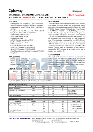 SPS-9340MG datasheet - 3.3V / 1550 nm / Multirate SFP LC SINGLE-MODE TRANSCEIVER