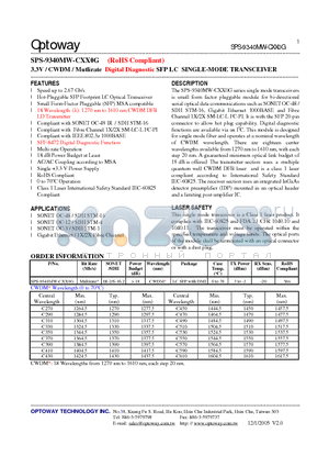 SPS-9340MW-CXX0G datasheet - 3.3V / CWDM / Mutlirate Digital Diagnostic SFP LC SINGLE-MODE TRANSCEIVER