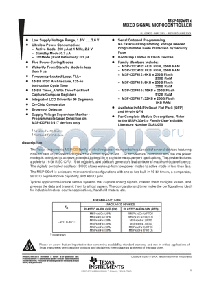MSP430X417 datasheet - MIXED SIGNAL MICROCONTROLLER