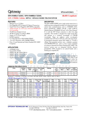 SPS-9340R-CXX0G datasheet - 3.3V / CWDM/ 3.2Gb/s SFP LC SINGLE-MODE TRANSCEIVER