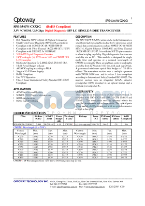 SPS-9340W-CXX0G datasheet - 3.3V / CWDM / 2.5 Gbps Digital Diagnostic SFP LC SINGLE-MODE TRANSCEIVER