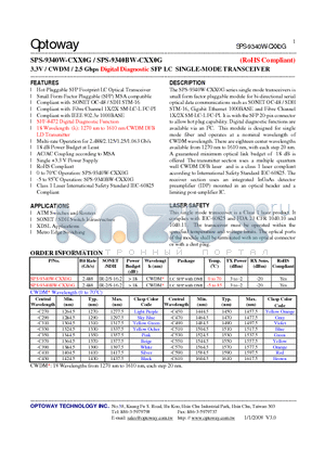 SPS-9340W-CXX0G datasheet - 3.3V / CWDM/ 2.5 Gbps Digital Diagnostic SFP LC SINGLE-MODE TRANSCEIVER