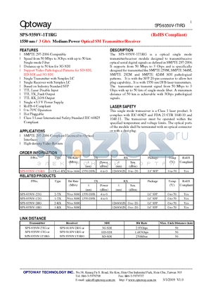 SPS-9350V-1T1RG datasheet - 1550 nm / 3 Gb/s Medium Power Optical SMTransmitter/Receiver