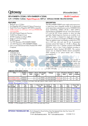 SPS-9340RW-CXX0G datasheet - 3.3V / CWDM/ 3.2Gb/s Digital Diagnostic SFP LC SINGLE-MODE TRANSCEIVER