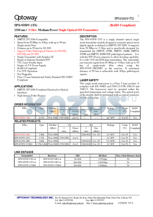 SPS-9350V-1T1RG datasheet - 1310 nm / 3 Gb/s Medium Power Single Optical SMTransmitter