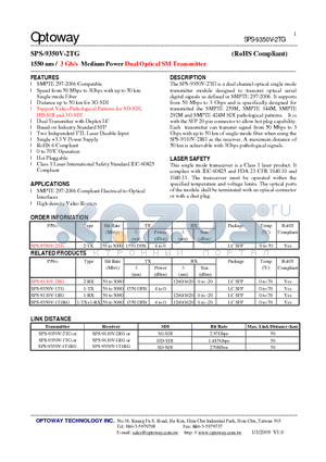 SPS-9350V-2TG datasheet - 1550 nm / 3 Gb/s Medium Power Dual Optical SM Transmitter