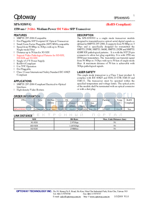 SPS-9350VG datasheet - 1550 nm / 3 Gb/s Medium Power SM Video SFP Transceiver