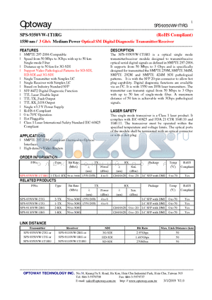 SPS-9350VW-1T1RG datasheet - 1550 nm / 3 Gb/s Medium Power Optical SMDigital Diagnostic Transmitter/Receiver