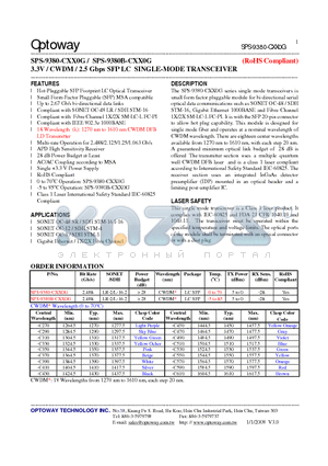 SPS-9380-CXX0G datasheet - 3.3V / CWDM / 2.5 Gbps SFP LC SINGLE-MODE TRANSCEIVER