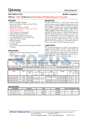 SPS-9350VW-2TG datasheet - 1550 nm / 3 Gb/s Medium Power Dual Optical SM Digital Diagnostic Transmitter