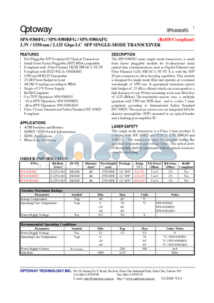 SPS-9380AFG datasheet - 3.3V / 1550 nm / 2.125 Gbps LC SFP SINGLE-MODE TRANSCEIVER