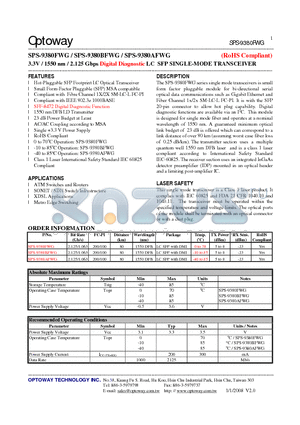 SPS-9380AFWG datasheet - 3.3V / 1550 nm / 2.125 Gbps Digital Diagnostic LC SFP SINGLE-MODE TRANSCEIVER