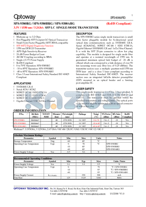 SPS-9380ARG datasheet - 3.3V / 1550 nm / 3.2Gb/s SFP LC SINGLE-MODE TRANSCEIVER