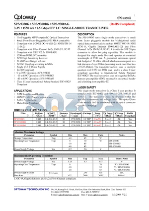 SPS-9380AG datasheet - 3.3V / 1550 nm / 2.5 Gbps SFP LC SINGLE-MODE TRANSCEIVER