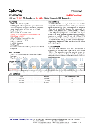 SPS-9350VWG datasheet - 1550 nm / 3 Gb/s Medium Power SM Video Digital Diagnostic SFP Transceiver