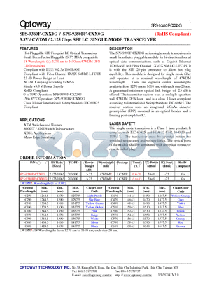 SPS-9380BF-CXX0G datasheet - 3.3V / CWDM / 2.125 Gbps SFP LC SINGLE-MODE TRANSCEIVER