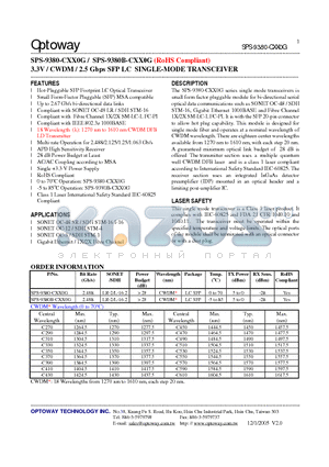 SPS-9380B-CXX0G datasheet - 3.3V / CWDM / 2.5 Gbps SFP LC SINGLE-MODE TRANSCEIVER
