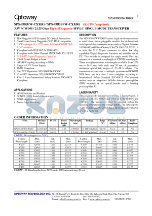 SPS-9380BFW-CXX0G datasheet - 3.3V / CWDM / 2.125 Gbps Digital Diagnostic SFP LC SINGLE-MODE TRANSCEIVER