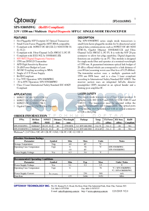 SPS-9380BMWG datasheet - 3.3V / 1550 nm / Multirate Digital Diagnostic SFP LC SINGLE-MODE TRANSCEIVER