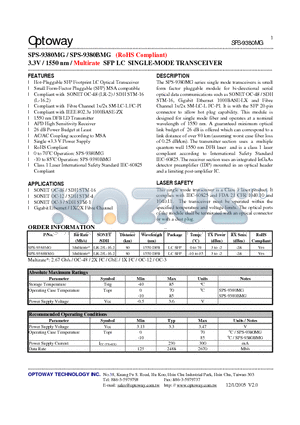 SPS-9380BMG datasheet - 3.3V / 1550 nm / Multirate SFP LC SINGLE-MODE TRANSCEIVER