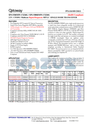 SPS-9380BMW-CXX0G datasheet - 3.3V / CWDM/ Multirate Digital Diagnostic SFP LC SINGLE-MODE TRANSCEIVER