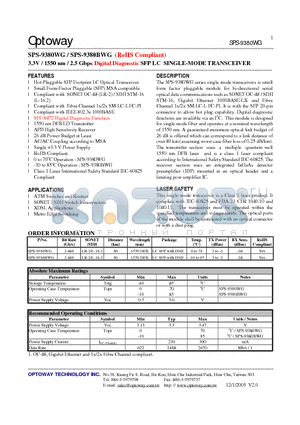 SPS-9380BWG datasheet - 3.3V / 1550 nm / 2.5 Gbps Digital Diagnostic SFP LC SINGLE-MODE TRANSCEIVER