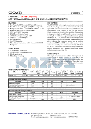 SPS-9380FG datasheet - 3.3V / 1550 nm / 2.125 Gbps LC SFP SINGLE-MODE TRANSCEIVER