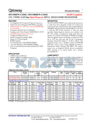 SPS-9380FW-CXX0G datasheet - 3.3V / CWDM/ 2.125 Gbps Digital Diagnostic SFP LC SINGLE-MODE TRANSCEIVER