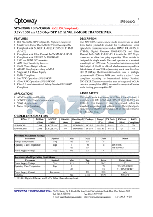 SPS-9380G datasheet - 3.3V / 1550 nm / 2.5 Gbps SFP LC SINGLE-MODE TRANSCEIVER