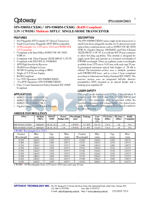 SPS-9380M-CXX0G datasheet - 3.3V / CWDM / Multirate SFP LC SINGLE-MODE TRANSCEIVER