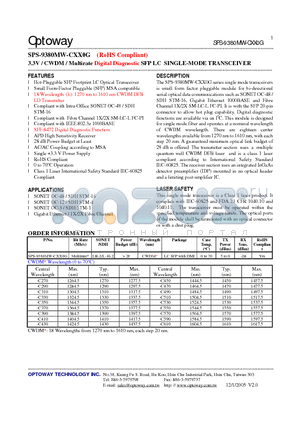 SPS-9380MW-CXX0G datasheet - 3.3V / CWDM / Multirate Digital Diagnostic SFP LC SINGLE-MODE TRANSCEIVER