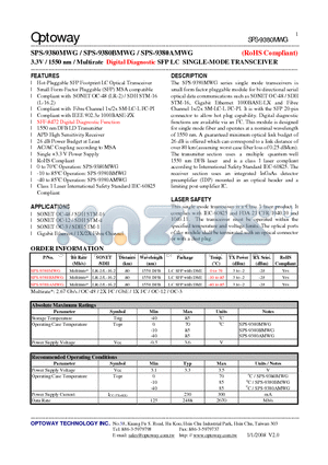 SPS-9380MWG_08 datasheet - 3.3V / 1550 nm /Multirate Digital Diagnostic SFP LC SINGLE-MODE TRANSCEIVER