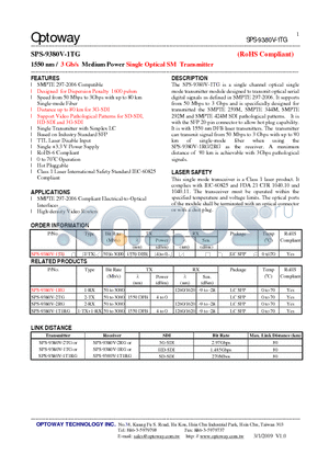 SPS-9380V-1RG datasheet - 1550 nm / 3 Gb/s Medium Power Single Optical SM Transmitter