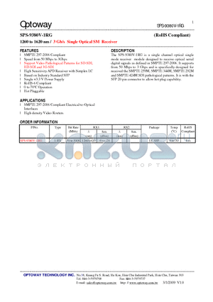 SPS-9380V-1RG datasheet - 1260 to 1620 nm / 3 Gb/s Single Optical SM Receiver