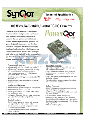 PQ24150QGA07PYS datasheet - 100 Watts, No Heatsink, Isolated DC/DC Converter