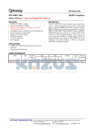 SPS-9380V-2RG datasheet - 1260 to 1620 nm / 3 Gb/s Dual Optical SM Receiver