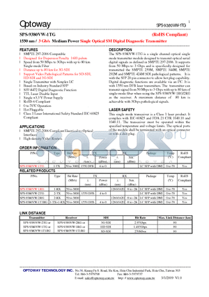 SPS-9380VW-1TG datasheet - 1550 nm / 3 Gb/s Medium Power Single Optical SMDigital Diagnostic Transmitter