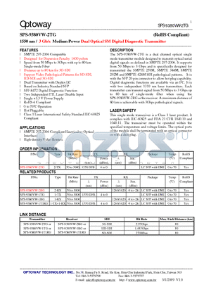 SPS-9380VW-1TG datasheet - 1550 nm / 3 Gb/s Medium Power Dual Optical SM Digital Diagnostic Transmitter