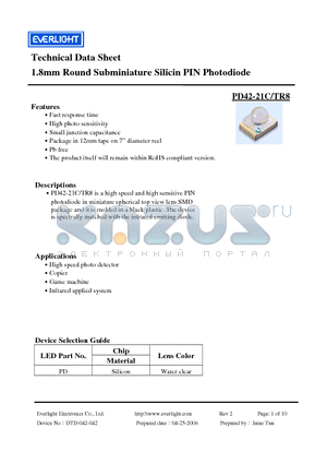 PD42-21C-TR8 datasheet - 1.8mm Round Subminiature Silicin PIN Photodiode