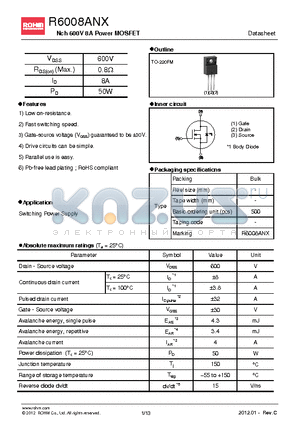 R6008ANX datasheet - Nch 600V 8A Power MOSFET