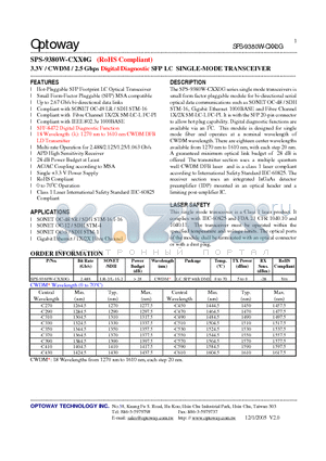 SPS-9380W-CXX0G datasheet - 3.3V / CWDM / 2.5 Gbps Digital Diagnostic SFP LC SINGLE-MODE TRANSCEIVER