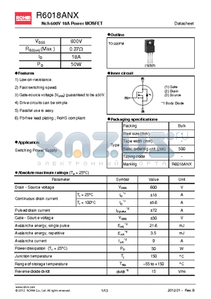 R6018ANX datasheet - Nch 600V 18A Power MOSFET