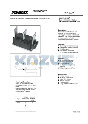 PD431607 datasheet - POW-R-BLOK Dual SCR Isolated Module (700 Amperes / Up to 1800 Volts)